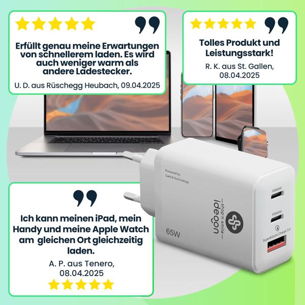 2er-Set USB Ladegerät, 3 Ports, 65Watt, 2x USB-C und 1x USB-A, PD- & QC-Netzteil, weiss, GaN III, für Smartphones, Notebooks, MacBook & Tablets