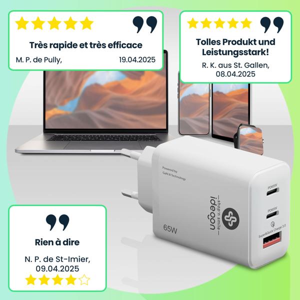 lot de 3 chargeurs USB, 3 ports, 65Watt, 2x USB-C et 1x USB-A, alimentation PD & QC, blanc, GaN III, pour smartphones, notebooks, MacBook & tablettes