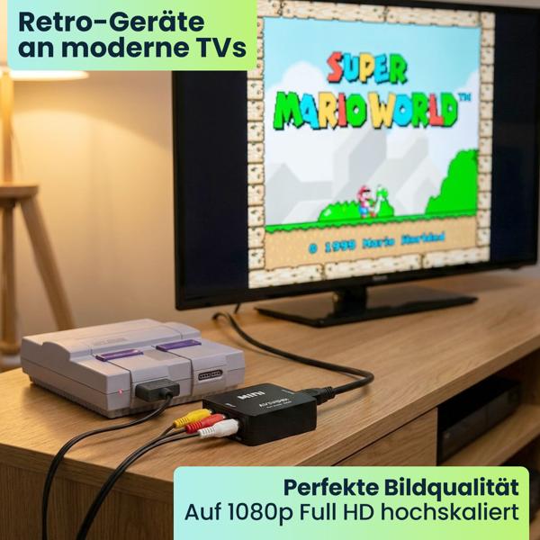 AV zu HDMI Adapter 1080p Full HD – RCA auf HDMI Konverter, inkl. USB-Stromkabel – Verbindet Retro-Geräte & Konsolen mit modernen TVs