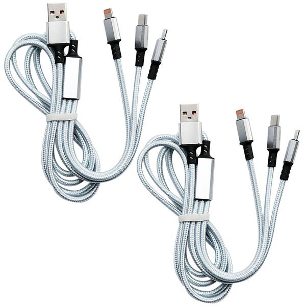 2er Set 3in1 Universal USB-Schnellladekabel, 25 W, Micro-USB, USB Typ C & Lightning, 120 cm, für iPhones, Samsung, Pixel, Huawei, Powerbanks, Kameras