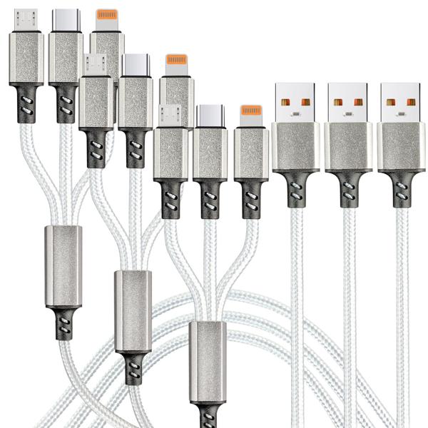 3er-Set 3in1 Universal USB-Schnellladekabel, 25 W, Micro-USB, USB Typ C & Lightning, 120 cm, für iPhones, Samsung, Pixel, Huawei, Powerbanks, Kameras