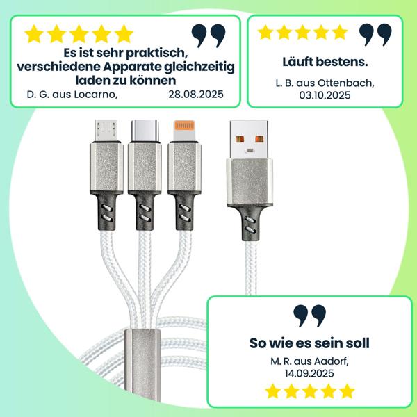 3er-Set 3in1 Universal USB-Schnellladekabel, 25 W, Micro-USB, USB Typ C & Lightning, 120 cm, für iPhones, Samsung, Pixel, Huawei, Powerbanks, Kameras
