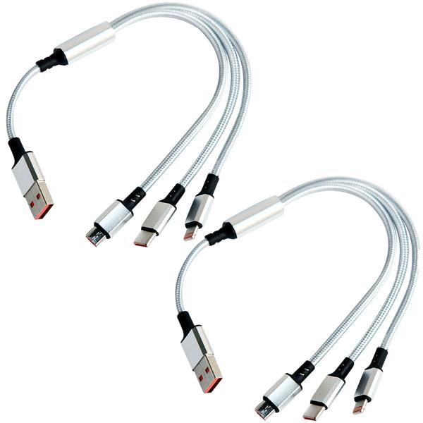 set of 2 3in1 universal USB fast charging cables, 25 W, micro USB, USB type C & Lightning, 30 cm, for iPhones, Samsung, Pixel, Huawei, power banks, cameras