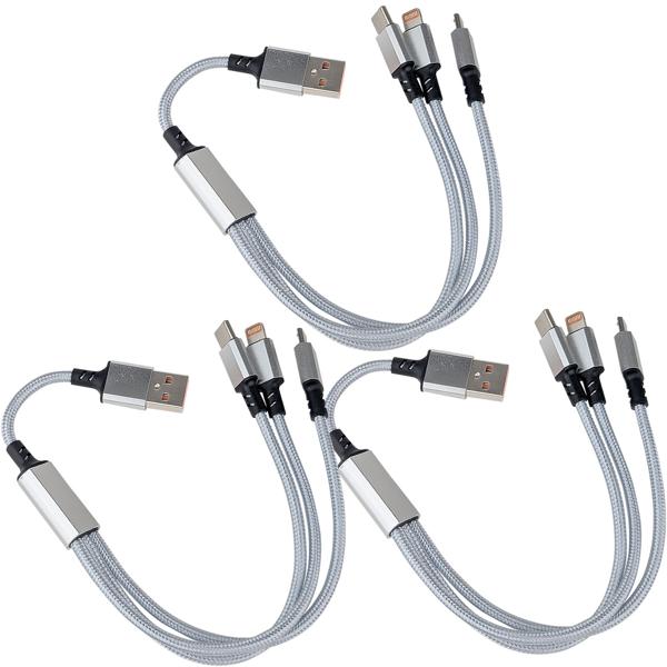 lot de 3 câbles de charge rapide USB universels 3en1, 25 W, Micro-USB, USB Type C & Lightning, 30 cm, pour iPhones, Samsung, Pixel, Huawei, Powerbanks, appareils photo