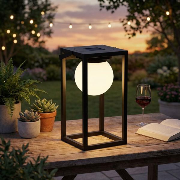 Solar table lamp, black, warm white light - 30 x 15 cm, for camping, terrace & garden parties, mobile LED light