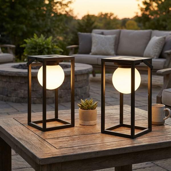 set of 2 solar table lamps, black, warm white light - 30 x 15 cm, for camping, terrace & garden parties, mobile LED light