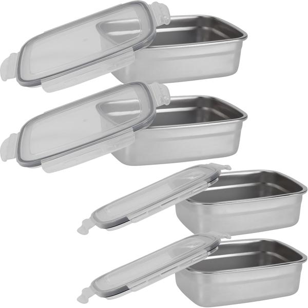 set of 4 stainless steel lunch boxes with plastic clip lids - Perfect for work & on the go 