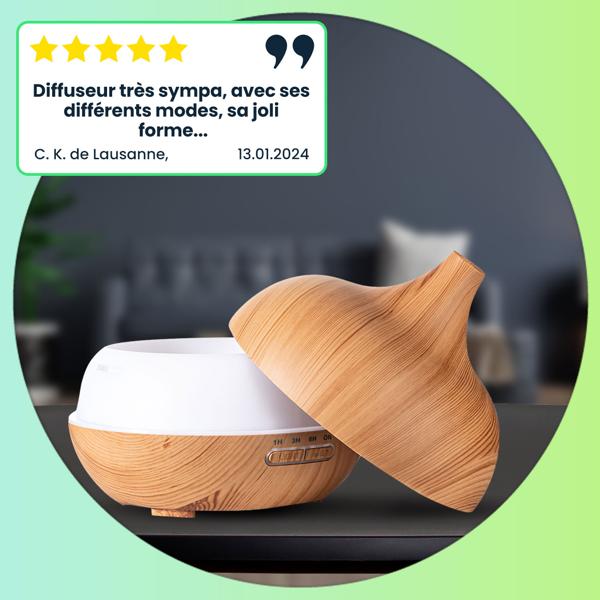 Diffuseur d’huiles essentielles et humidificateur – diffuseur de parfum aspect bois, éclairage 7 couleurs, minuterie, 300 ml