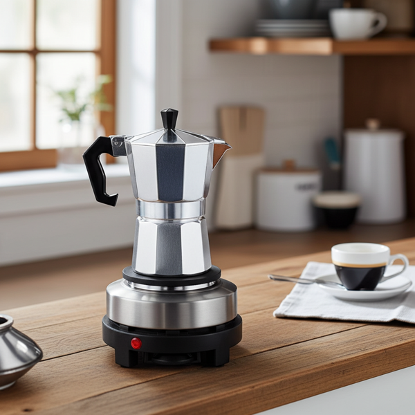 Kompakte elektrische Mini-Einzelkochplatte mit Espresso-Kocher, 500 Watt, Ideal für Camping & kleine Küchen