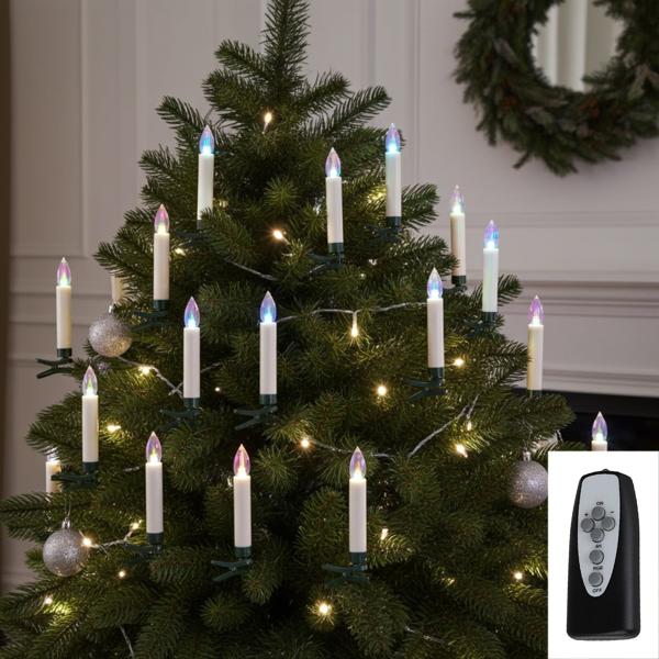 15 Bougies LED sans fil pour arbre de Noël - Multicolores - Télécommande - Minuterie 6h - Fixation clips - Intérieur/Extérieur