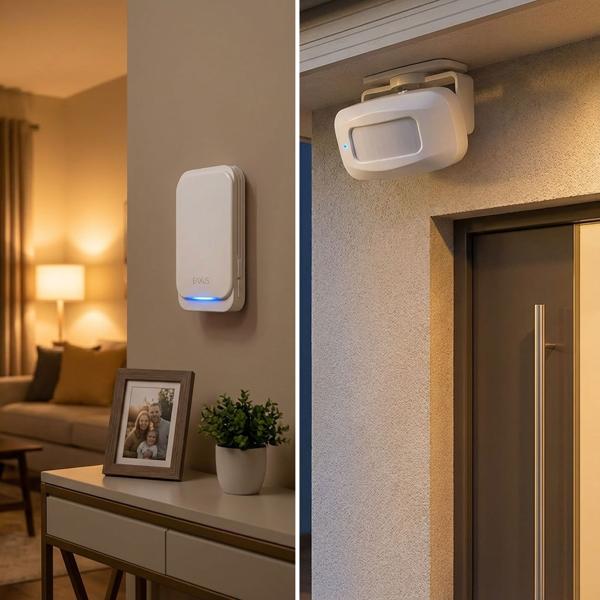 Wireless doorbell & passage detector with PIR sensor, IP44, 36 ringtones, white: for more security & convenience