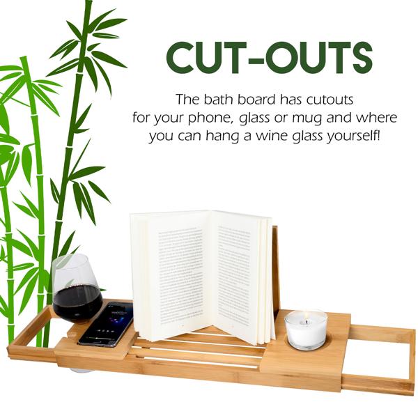 Luxurious bamboo bath shelf, adjustable 50-85cm: recess for glasses, ideal for books, tablets & smartphones