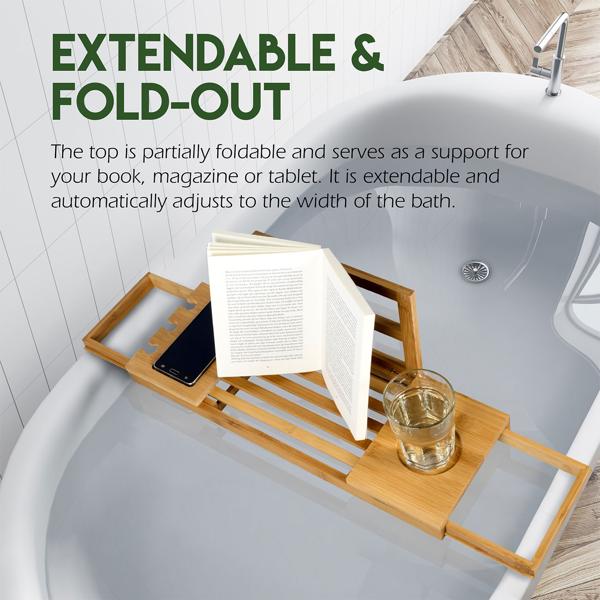 Luxurious bamboo bath shelf, adjustable 50-85cm: recess for glasses, ideal for books, tablets & smartphones