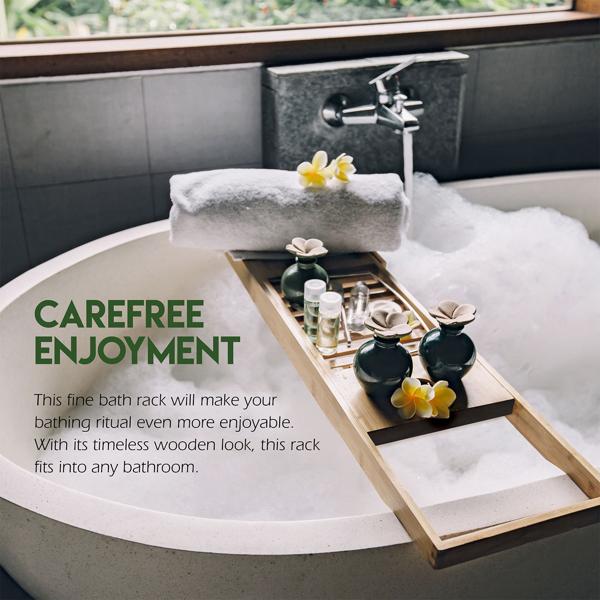 Luxurious bamboo bath shelf, adjustable 50-85cm: recess for glasses, ideal for books, tablets & smartphones