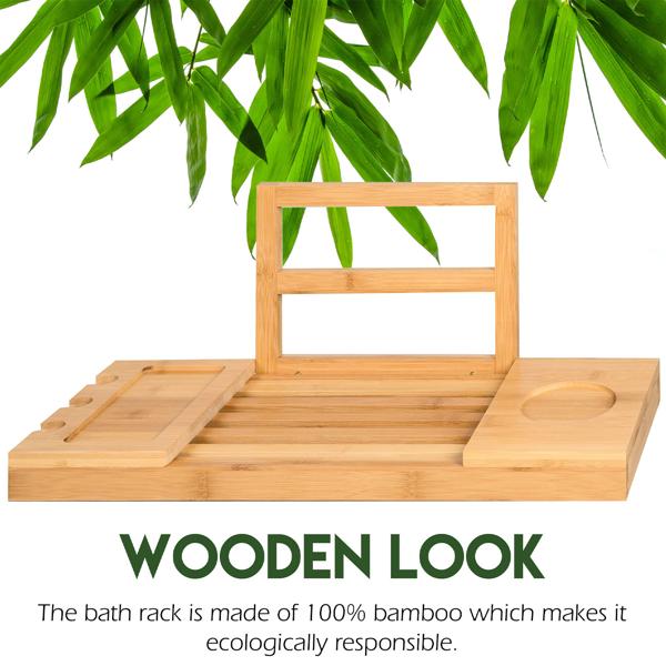 Luxurious bamboo bath shelf, adjustable 50-85cm: recess for glasses, ideal for books, tablets & smartphones
