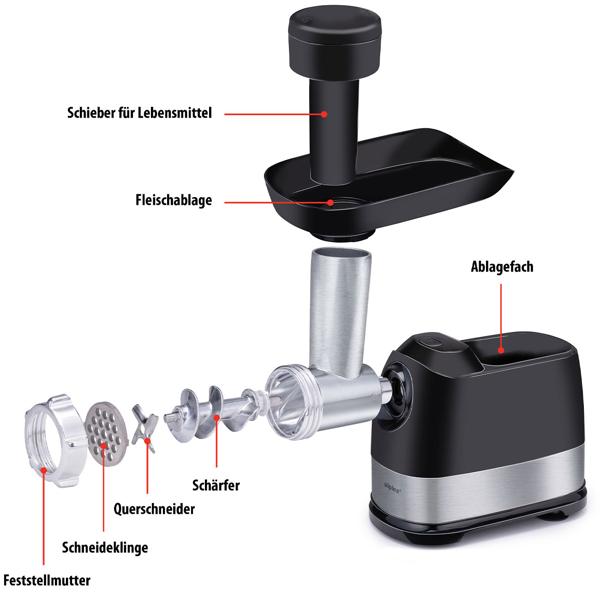 Kraftvoller elektrischer Fleischwolf, 600W, chrom schwarz, Edelstahl & Aluminium, 3 Lochscheiben, Wurstfüller, Premium-Qualität