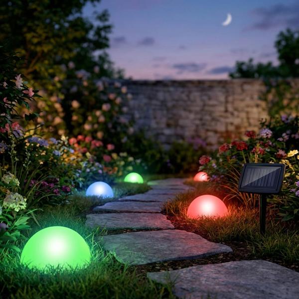 Solar lights with ground spike & color changing function, 5 pieces, Ø15cm, IP44