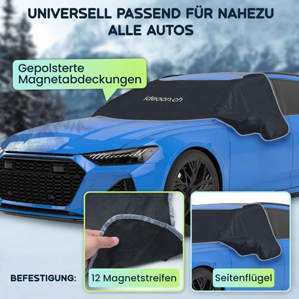 Autoscheibenabdeckung für die Windschutzscheibe, Magnet-Befestigung, 270 x 94 cm, Schützt auch Seitenscheiben, Spiegel und Schloss vor Eis und Schnee