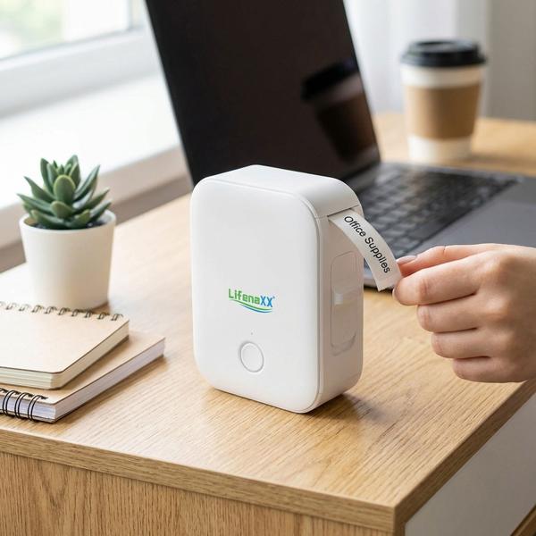 Mobiler Akku Thermo Etikettendrucker, 12mm - weiss, App Design, inkl. Etiketten - kabelloser Labeldrucker, Etiketten Beschriften, Einfache Bedienung