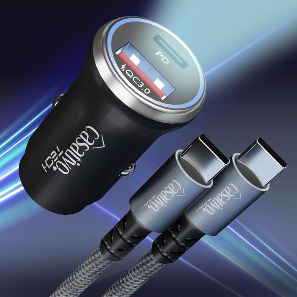 Powerful car USB power adapter, (54 watts) incl. charging cable, USB-C PD & USB-A QC, dual car 12 V quick-charging plug, fast charging on the go