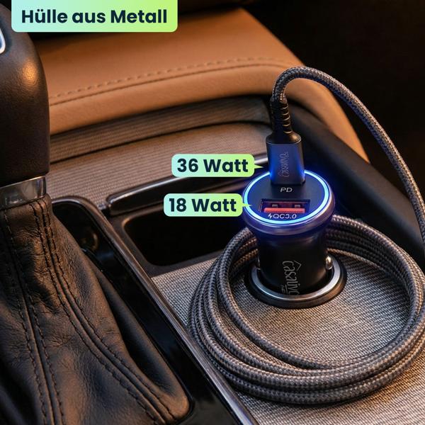 Leistungsstarkes Kfz-USB-Netzteil, (54 Watt) inkl. Ladekabel, USB-C PD & USB-A QC, Dual-Auto 12 V Schnellladestecker, schnelles Aufladen unterwegs