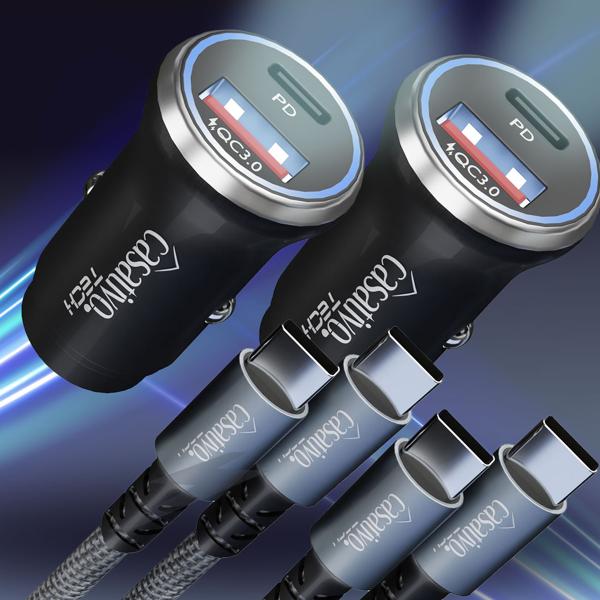set of 2 Powerful car USB power adapter, (54 watts) incl. charging cable, USB-C PD & USB-A QC, dual USB quick-charging plug, fast charging on the go