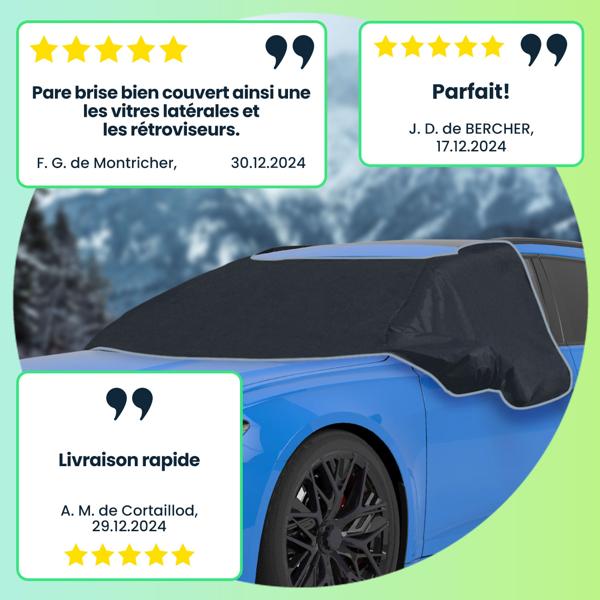 2 couvertures pare-brise anti-givre magnétiques 270 x 94 cm – protègent vitres latérales, rétroviseurs et serrures – bâches hiver pour voiture