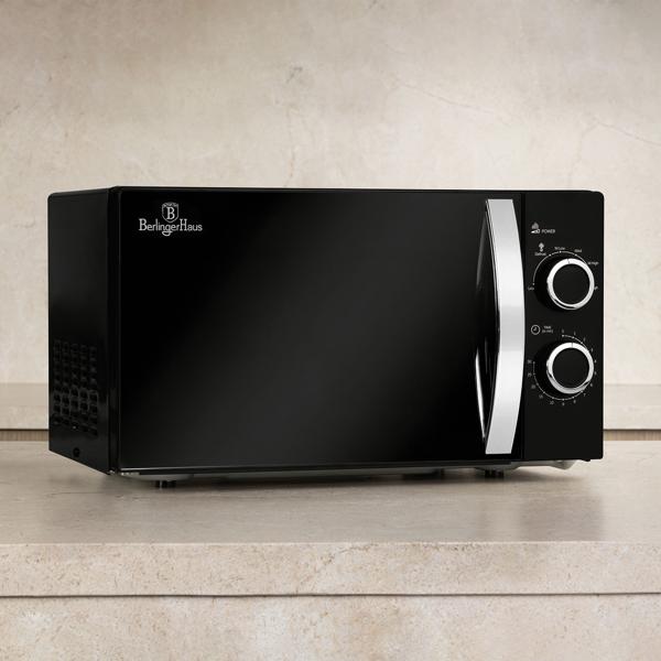 Four à micro-ondes moderne avec fonction décongélation, noir mat, volume 20 L, 700 watts, verre borosilicaté ignifuge et acier inoxydable
