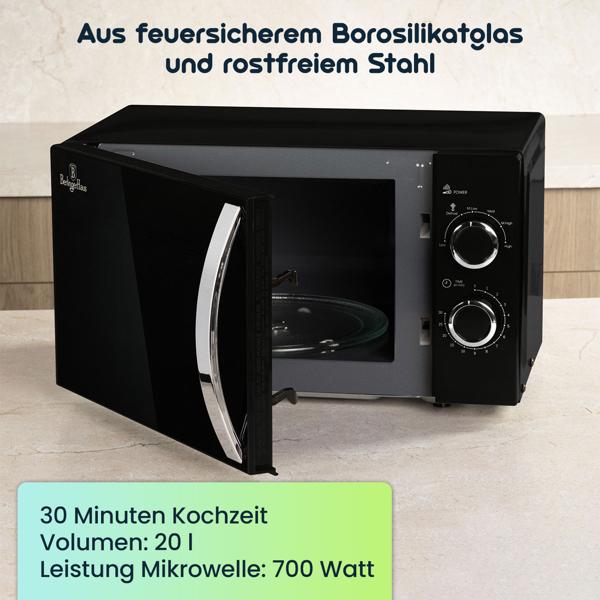 Moderne Mikrowelle mit Auftau-Funktion, matt schwarz, Mikrowellenherd, 20 L Volumen, 700 Watt, feuersicheres Borosilikatglas u. rostfreier Stahl