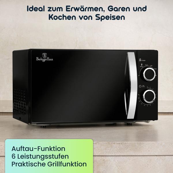 Moderne Mikrowelle mit Auftau-Funktion, matt schwarz, Mikrowellenherd, 20 L Volumen, 700 Watt, feuersicheres Borosilikatglas u. rostfreier Stahl