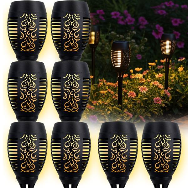 set of 8 LED solar garden torches with flame effect (H 78cm): rechargeable, realistic & weatherproof - for a romantic ambience in the garden & balcony