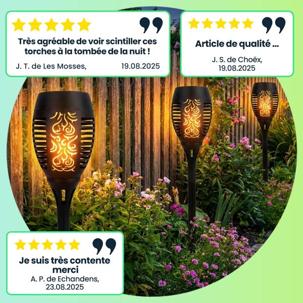 8 lampes de jardin solaires: torches LED avec effet flamme (78 cm): avec batterie, réalistes, résistantes aux intempéries – ambiance romantique dans le jardin et sur le balcon