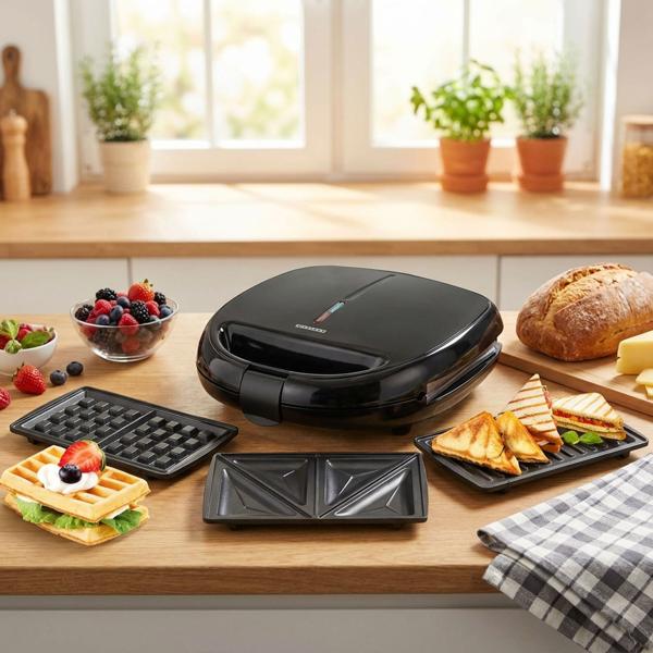 grill multifunzione 3in1 - piastra per panini, piastra per waffle e grill a contatto, potente 850 W, nero, rivestimento antiaderente