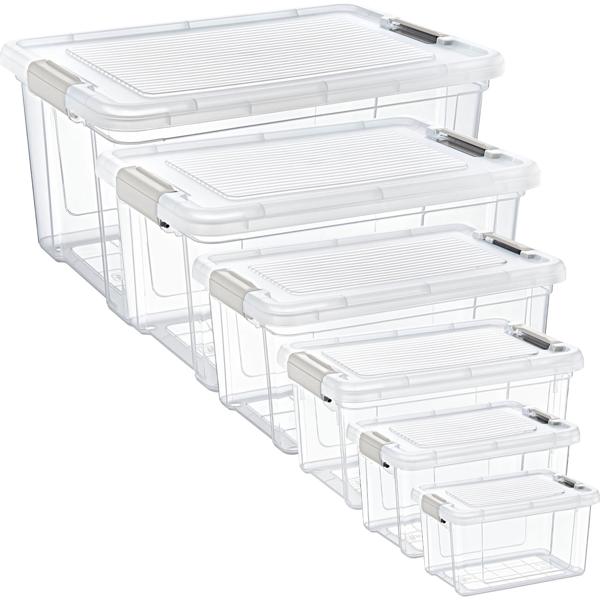 Set di 6 scatole dispensa trasparenti (1,25–30 L): robuste scatole di conservazione e contenitori per alimenti con coperchio per casa, ordine, cucina e scorte