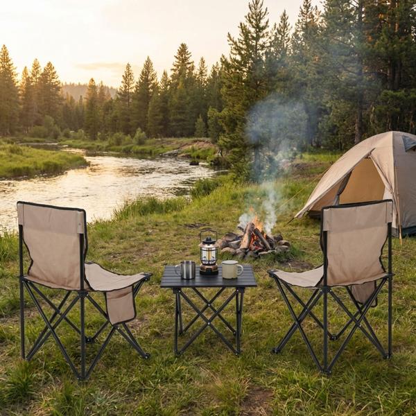 Folding camping chair & table set, 2 chairs + table, beige-black incl. transport bag for picnics, beach, balcony, mobile & space-saving