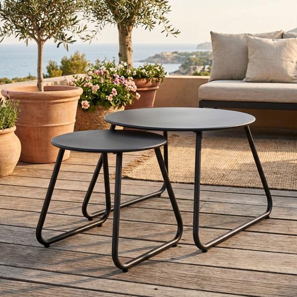 Elegant round metal side tables in a set of 2, black, Ø 40 & 60 cm, stylish accents for your living room, balcony or bedroom