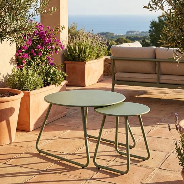 Elegant round metal side tables in a set of 2, green, Ø 40 & 60 cm, stylish accents for your living room, balcony or bedroom