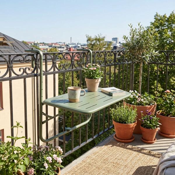 Tavolo sospeso da balcone salvaspazio (verde, 60x40cm): Ideale per piccoli balconi e patii, robusto tavolo in metallo, facile da montare ed elegante per la vostra oasi all‘aperto