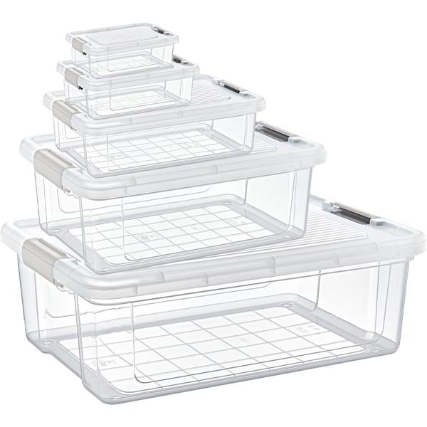 Set di contenitori per conservazione e dispensa, 5 pezzi, in plastica trasparente, contenitori con coperchio e 2 chiusure a clip da 0,8 l a 20 l