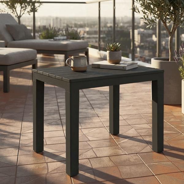 Tavolino da giardino e balcone in plastica resistente alle intemperie, grigio, 60 x 45 x 39 cm, tavolo da esterno resistente alle intemperie