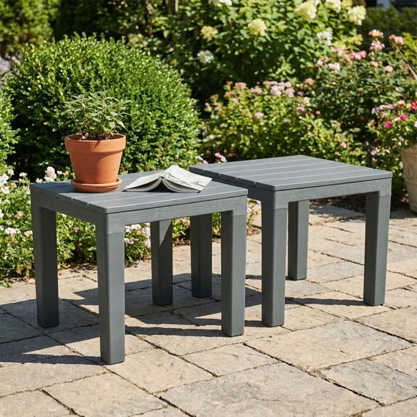set di 2 tavolini da giardino e balcone in plastica resistente alle intemperie, grigio, 60 x 45 x 39 cm, tavolo da esterno resistente alle intemperie
