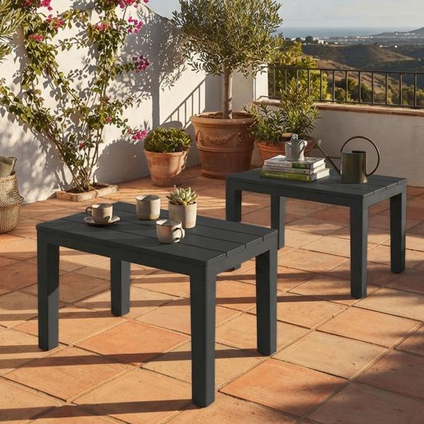 set di 2 tavolini da giardino e balcone in plastica resistente alle intemperie, grigio, 60 x 45 x 39 cm, tavolo da esterno resistente alle intemperie