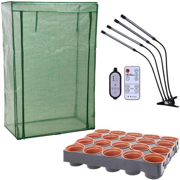 Profi Set: Vollspektrum LED Pflanzenlampe mit 4 Schwanenhälsen, Gewächshaus 100x150x50 cm für Tomaten & 20 Anzuchttöpfe – ideales Grow Kit