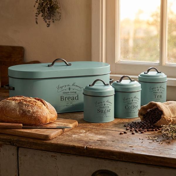 Affascinante set di contenitori vintage, verde - cassetta per il pane, barattolo per il caffè, zuccheriera, porta tè - Nostalgico richiamo per la cucina