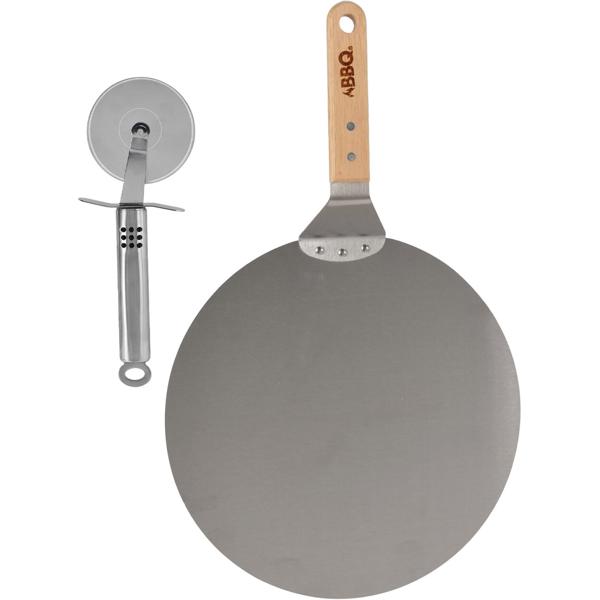 Set à pizza en acier inoxydable Pelle à pizza Ø 30,5 cm avec manche en bois & coupe-pizza en acier inoxydable, rouleau à pizza, 22 cm