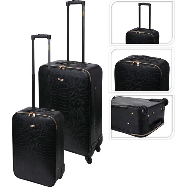Suitcase trolley set, 2-piece, crocodile design, black