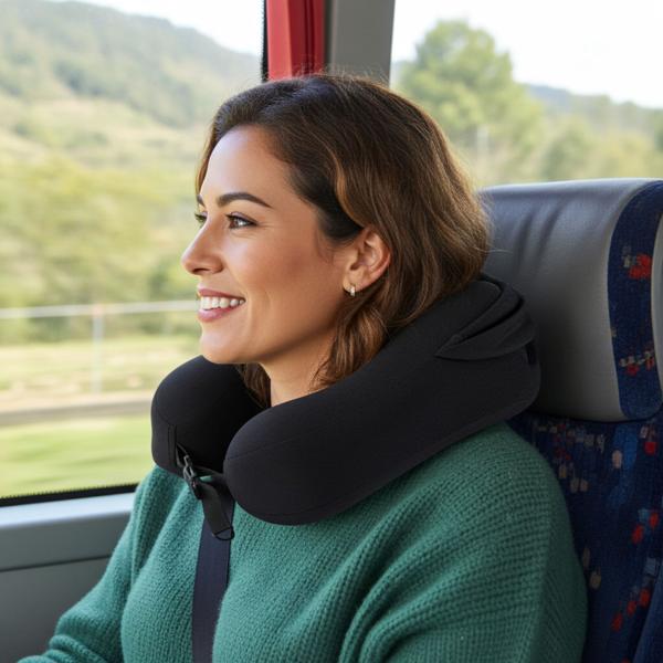 Innovative memory foam neck pillow with hood, black - Washable cover, ergonomic - For maximum comfort & restful sleep