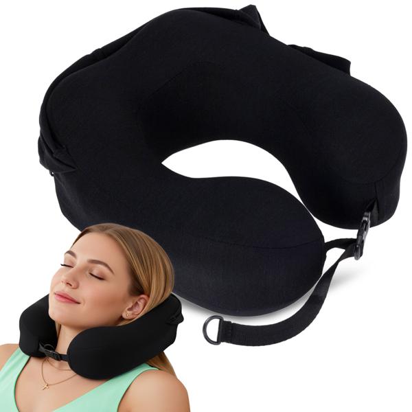 Innovative memory foam neck pillow with hood, black - Washable cover, ergonomic - For maximum comfort & restful sleep