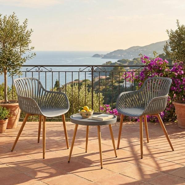 Elegante gruppo di sedute con tavolo da balcone, 3 pz., grigio, set bistrot per giardino, terrazza, balcone, resistente alle intemperie, moderno e confortevole