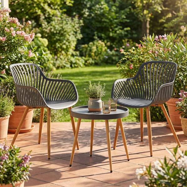 Elegante gruppo di sedute con tavolo da balcone, 3 pz., grigio, set bistrot per giardino, terrazza, balcone, resistente alle intemperie, moderno e confortevole